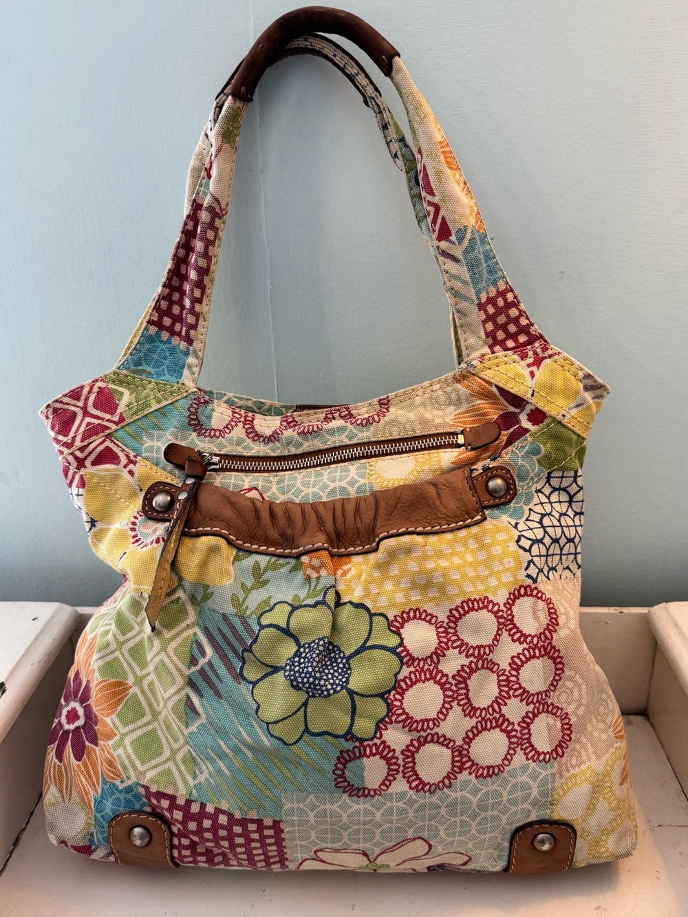 Fossil Multicolor Floral Patchwork Shoulder Bag with Brown Trim